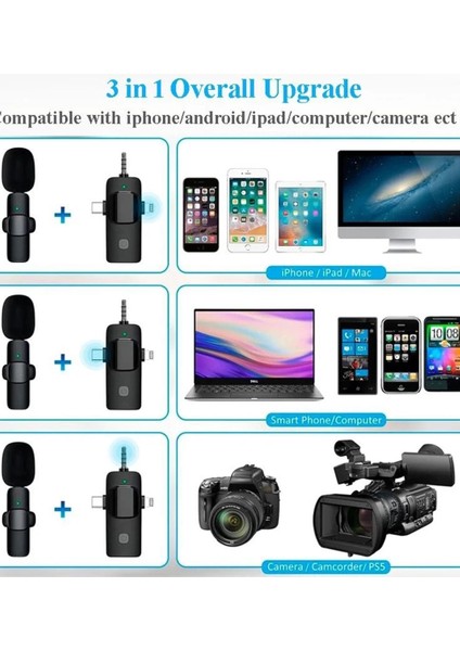 Yüksek Kalite Profesyonel 3 In 1 Kablosuz Taşınabilir Yaka Mikrofonu Youtube Facebook Tiktok