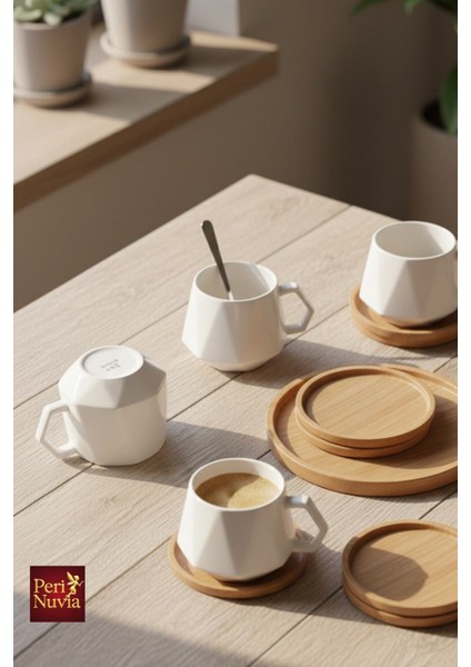 Modern Bambu Altlıklı 6’lı Porselen Fincan Takımı