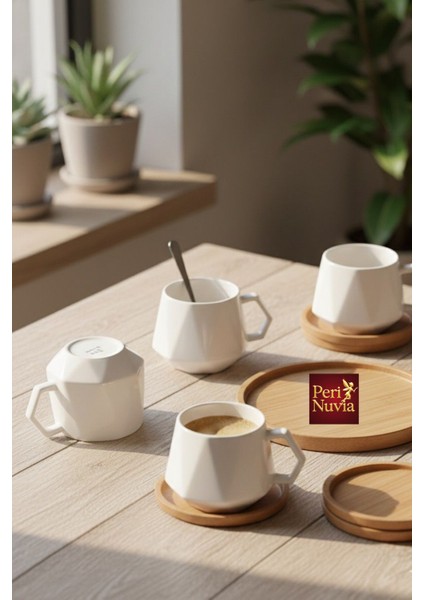 Modern Bambu Altlıklı 6’lı Porselen Fincan Takımı