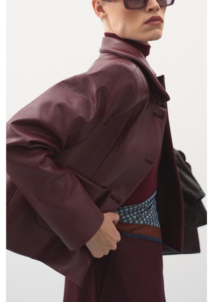 Kısa Deri Ceket Bordo modelleri