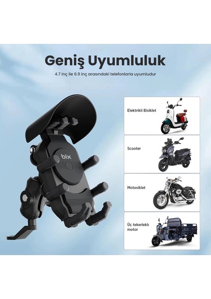 Ayna Bağlantılı Güneş ve Yağmur Korumalı 360° Derece Ayarlanabilir Motosiklet Telefon Tutucu