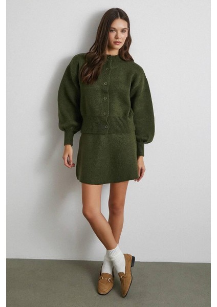 Haki Düğmeli Hırka-Etek Triko Takım