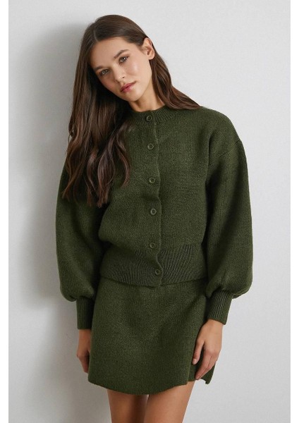 Haki Düğmeli Hırka-Etek Triko Takım modelleri