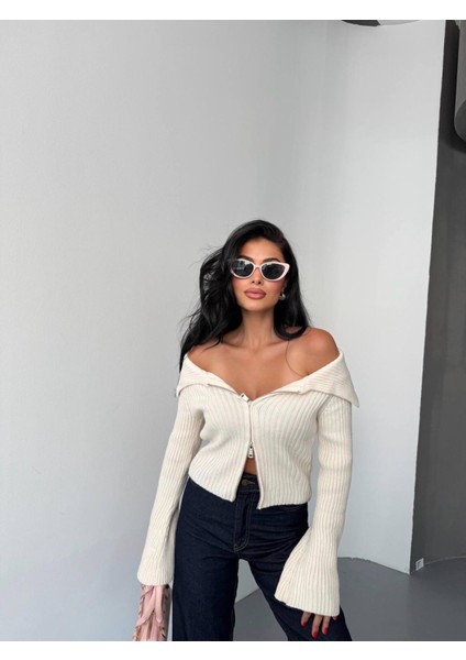 Krem Madonna Yaka Çift Fermuarlı Triko Hırka