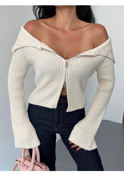 Krem Madonna Yaka Çift Fermuarlı Triko Hırka modelleri