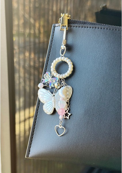 Fairycore Pastel Boncuklu Kelebek Çanta Charmı, El Yapımı Tasarım Çanta Cüzdan Süsü