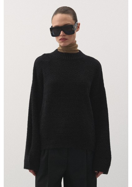 Oversize Örgü Kazak Siyah