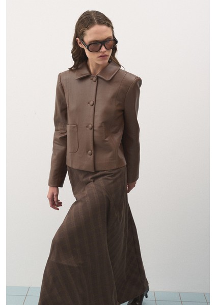 Kısa Deri Ceket Kahve