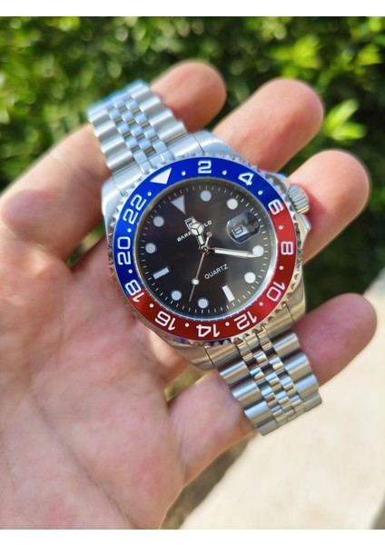 Gmt Master Pepsi Model Jubile Kordon Kırmızı Mavi Renk 904L Çelik, Vidalı Tepe 5ATM Su Geçirmez Erkek Saat modelleri
