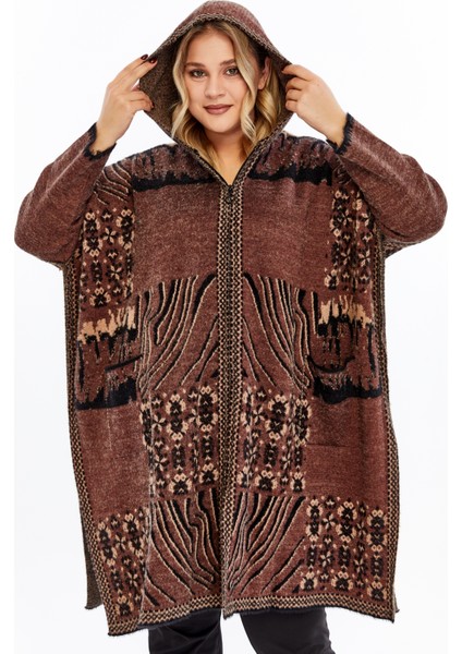 Triko Kadın Büyük Beden Kalın Kapşonlu Desenli Fermuarlı Panço Kışlık Battal Anne Hırka