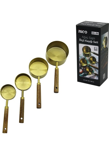 4 Pcs Gold Metal Ölçü Kaşık Seti Otantik Ağaç Kulp 250ML - 125ML - 80ML - 60ML (4887)