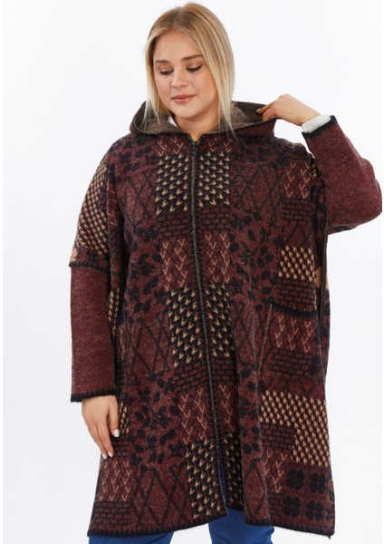 Triko Kadın Büyük Beden Kalın Kapşonlu Desenli Fermuarlı Panço Kışlık Battal Anne Hırka