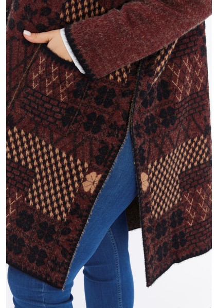 Triko Kadın Büyük Beden Kalın Kapşonlu Desenli Fermuarlı Panço Kışlık Battal Anne Hırka fırsatları