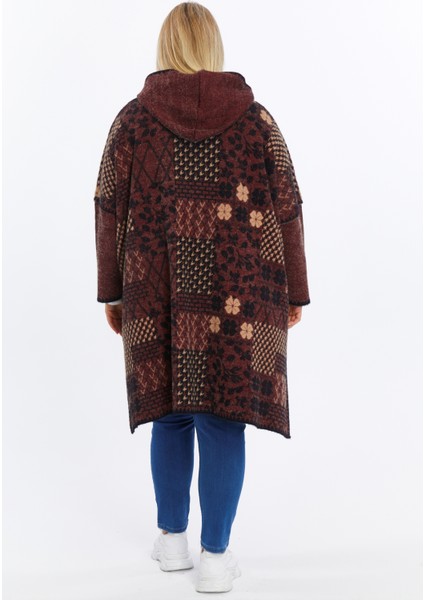 Triko Kadın Büyük Beden Kalın Kapşonlu Desenli Fermuarlı Panço Kışlık Battal Anne Hırka indirimleri