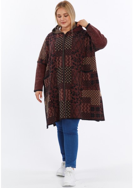 Triko Kadın Büyük Beden Kalın Kapşonlu Desenli Fermuarlı Panço Kışlık Battal Anne Hırka