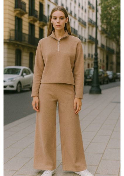 Yarım Fermuarlı Selanik Kumaş Bol Paça Siyah Eşofman Takımı