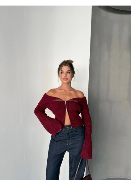 Bordo Madonna Yaka Çift Fermuarlı Triko fiyatları
