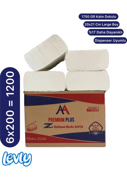 Premium Plus Z Katlama Kâğıt Havlu 200’LÜ Dispenser Peçete 6 Paket 1200 Adet 20X21 cm 1750 gr