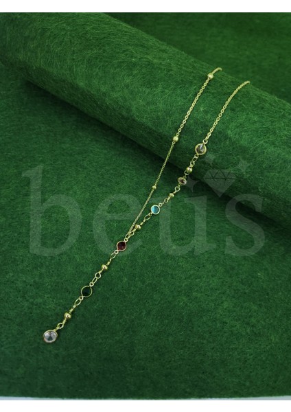 - Renkli Zirkon Taşlı Sallantılı Gold Kaplama Çelik Y Kolye