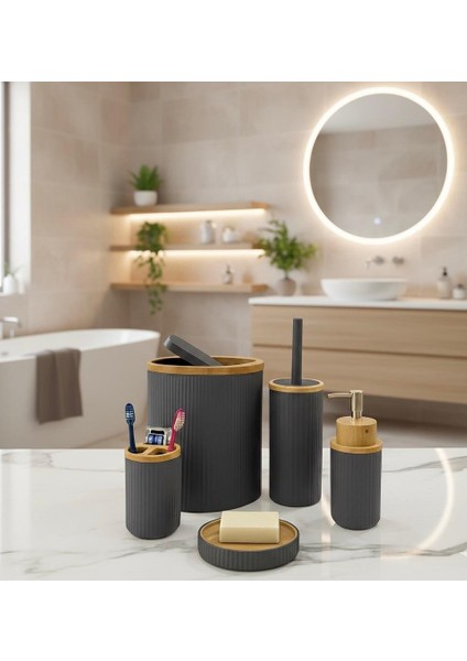 Banyo Çöp Kovası Set 5 Parça Siyah Çizgili