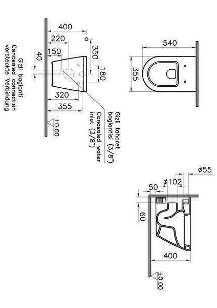 Integra Kanalsız Asma Klozet (Yanları Kapalı) + Vitra Yavaş Kapak + Vitra Gömme Rezervuar Set modelleri