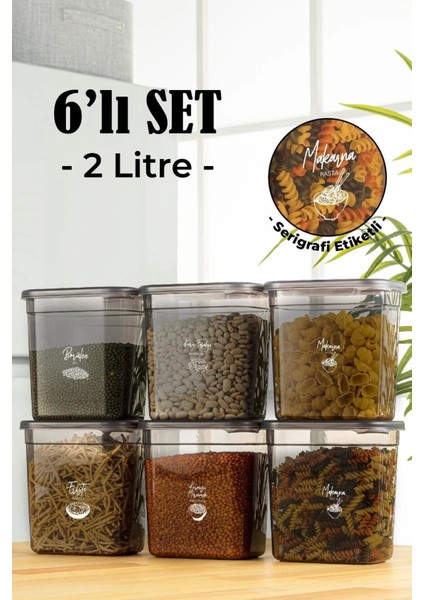 Beyaz Serigrafi 6lı Set Maxi Boy Uzun Dikdörtgen Saklama Kabı 2 Litre Antrasit