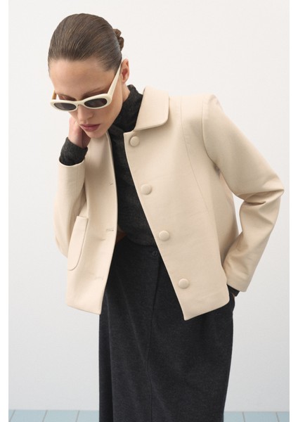 Kısa Deri Ceket Bej