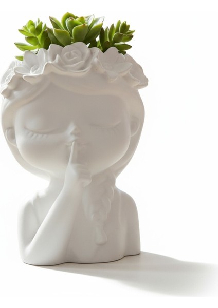 Dekoratif Sessizlik Figürü – Çiçek Taçlı Kadın Biblo, Zarif Saksı ve Ev Süsü
