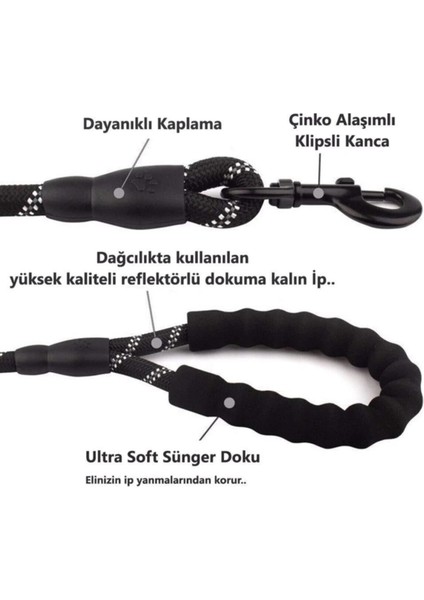 Köpekler Için Gezdirme Tasması Reflektörlü 130 cm Halat Orta ve Büyük Boy Köpekler Için Siyah fırsatları