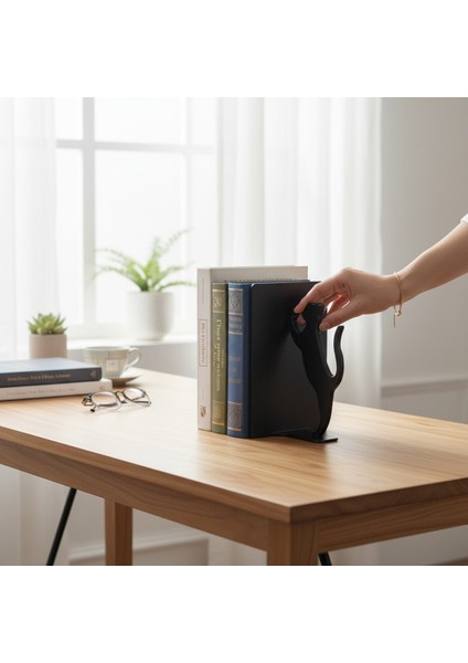 Kedi Figürlü Kitap Tutucu – Dekoratif Kitaplık Düzenleyici, Siyah Renkli Şık Stand fiyatları