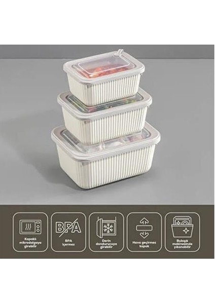 3'lü Vip Dikdörtgen Mikrodalga ve Difrize Uygun Saklama Kabı Bej (1750,1050,600 Ml)