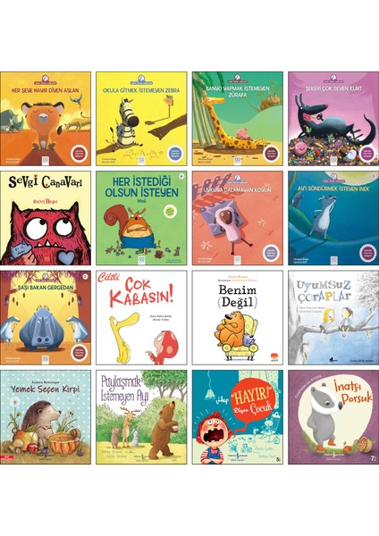 / Her Şeye Hayır Diyen Aslan + Okula Gitmek Istemeyen Zebra + Banyo Yapmak Zürafa + Şekeri Çok Seven Kurt + Sevgi Canavarı + Inatçı Porsuk / Okul Öncesi Hikaye Kitapları 16’lı Set