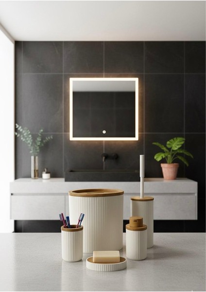 Banyo Çöp Kovası Beyaz 5 Parça Set Çizgili