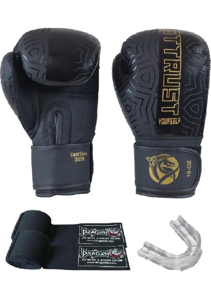 Cool Lime Hakiki Deri Kick Boks Eldiveni Boks Eldiveni Muay Thai Dragon Bandaj Dişlik 3'lü Set