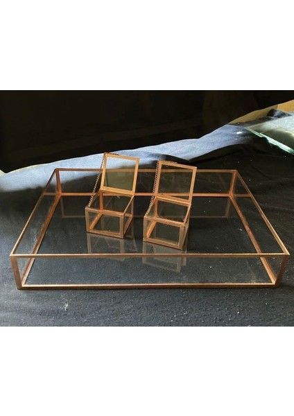 Cam Nişan Söz Tepsisi Çift Kare Yüzük Kutulu