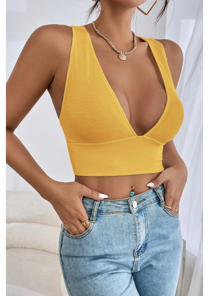 Kadın Sarı Çapraz Sırt Detaylı Şık Crop Top Büstiyer fiyatları