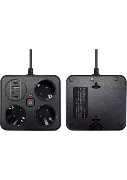 Akım Korumalı Anahtarlı Priz - 3x Priz - 2x USB - 2x Type-C - 2 mt Kablo Hızlı Şarj Özellikli