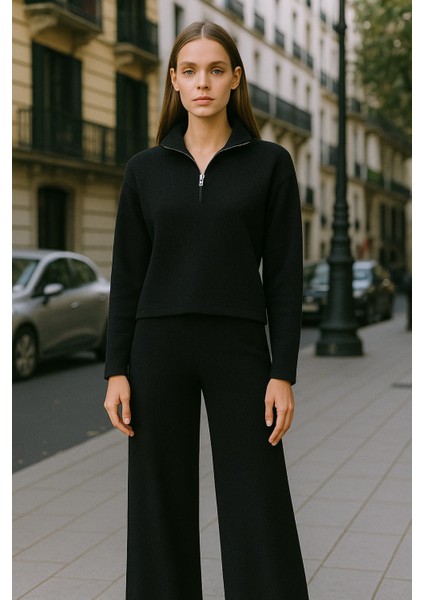 Yarım Fermuarlı Selanik Kumaş Bol Paça Siyah Eşofman Takımı