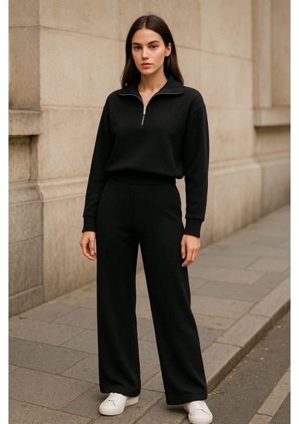 Yarım Fermuarlı Selanik Kumaş Bol Paça Siyah Eşofman Takımı fiyatları