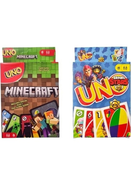 Minecraft Uno ve Brawl Stars Uno Oyun Kartları 2'li Set