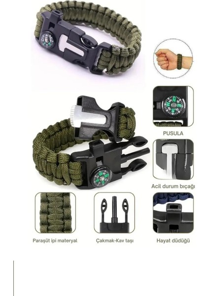 Düdük Çakı Pusula Çakmaktaşı Paraşüt Ipi Hayatta Kalma Bilekliği