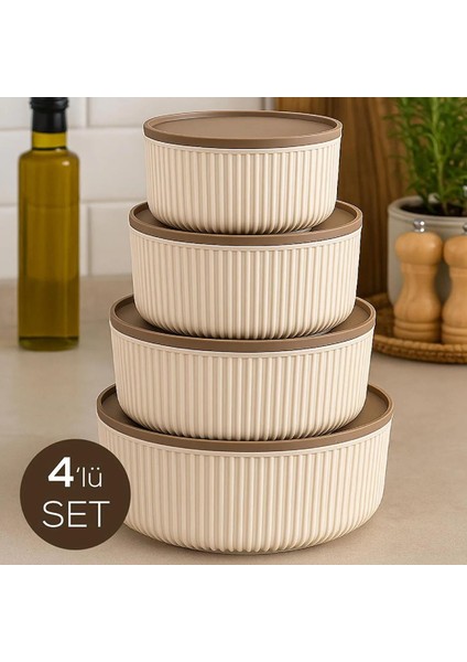 4'lü Yuvarlak Saklama Kabı Set Bej | 2.5l 1.5l 0.80L 0.45L | Mikrodalga- Dondurucu Uyumlu