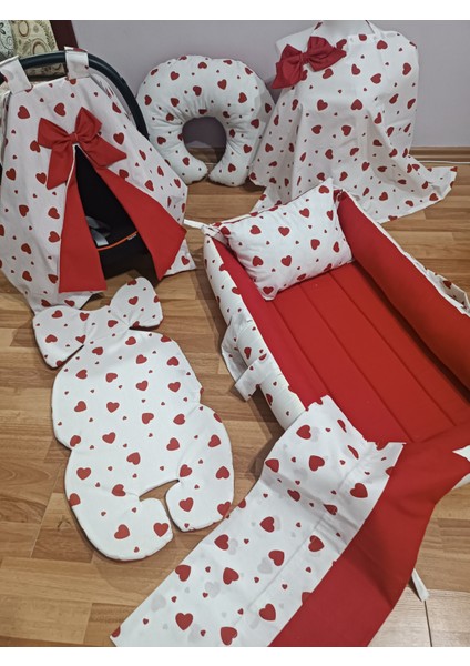 Kırmızı Kalpli Kare Yataklı 7 Parça Babynest Seti