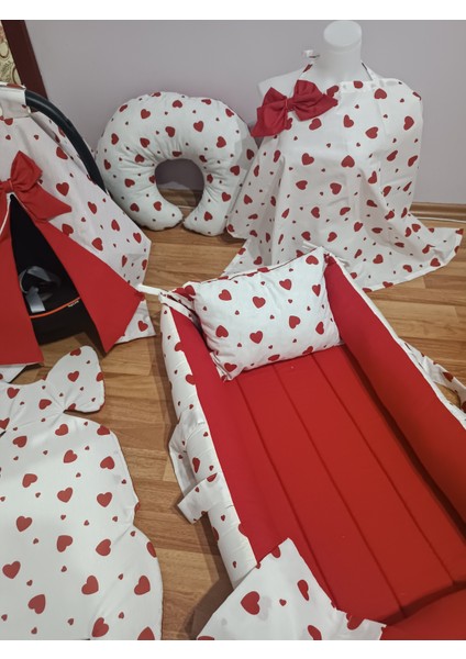 Kırmızı Kalpli Kare Yataklı 7 Parça Babynest Seti fiyatları
