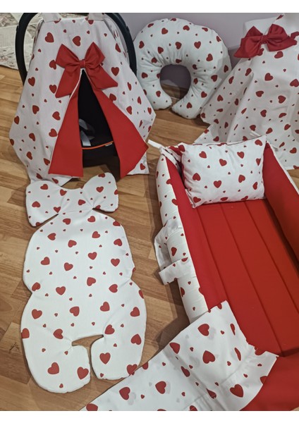 Kırmızı Kalpli Kare Yataklı 7 Parça Babynest Seti modelleri
