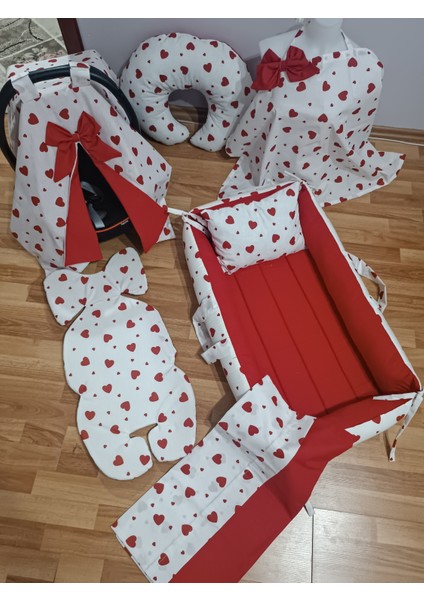 Kırmızı Kalpli Kare Yataklı 7 Parça Babynest Seti indirimleri