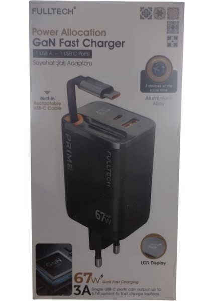 FC57 67W Gan Hızlı Şarj Adaptörü Dijital Ekranlı Dahili Retractable Usb-C Kablo + Usb-A Çıkışı | Telefon, Tablet ve Laptop Uyumlu