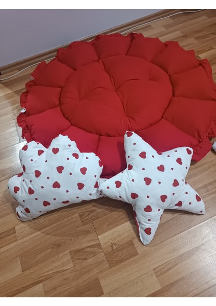 Kırmızı Kalpli Oyun Minderli 3 Parça Babynest Seti