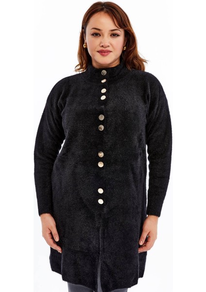 Triko Büyük Beden Kadın Kaban Yumuşak Kalın Yüksek Kalite Uzun Kışlık Siyah Anne Hırka