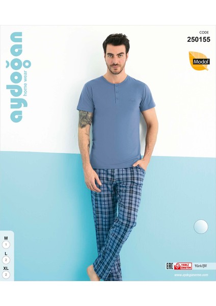 Erkek Kısa Kol Pijama Takımı--Mavi--